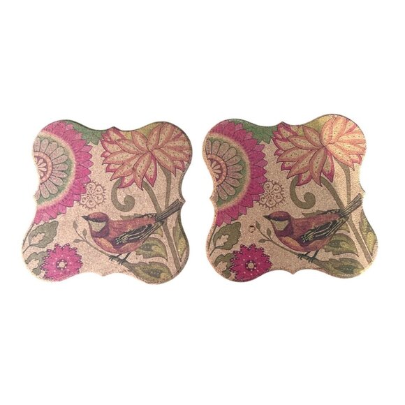 Colorful Bird and Flower Scalloped Cork Trivet Hot Plate Set of 2 - Picture 2 of 7